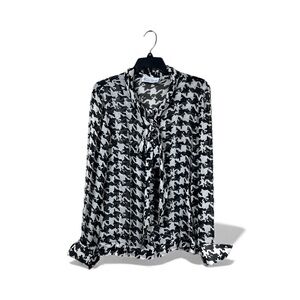 Adrienne Winkelmann Tie-Neck Houndstooth Office Blouse Size 12 Black/Ivory